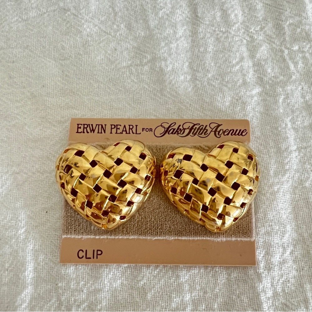Vintage ERWIN PEARL XL  Gold Puff Heart Earrings